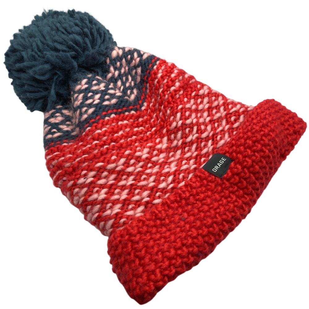 Orage Red & Blue Diamond Chunky Knit Fleece Lined Beanie Adult M Ski Outdoor